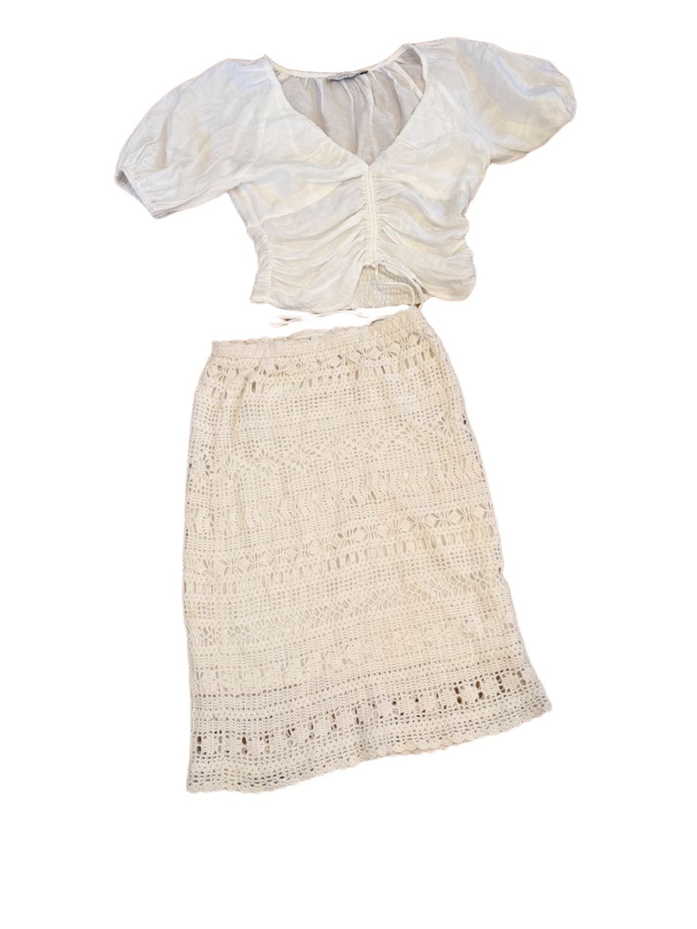 Pristine Blouse only Lush off white cropped ruched v neck puff sleeve top S